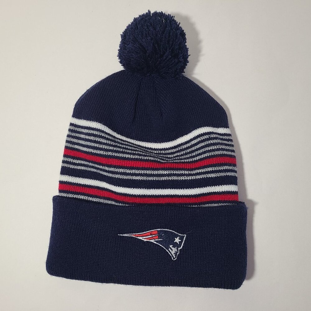 New England Patriots NFL Blue Striped Embroidered Logo Adult Pom Beanie